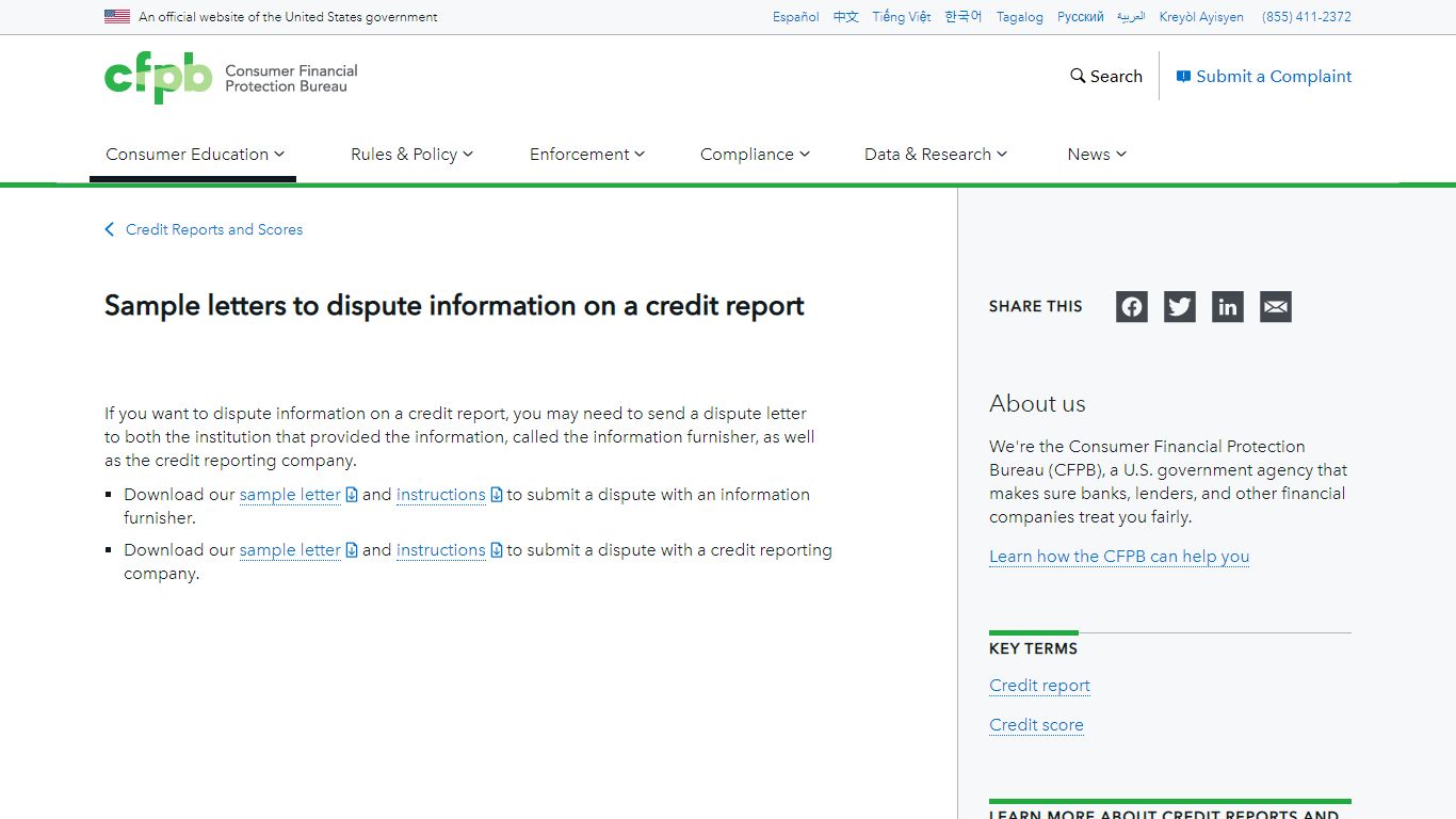 Sample letters to dispute information on a credit report